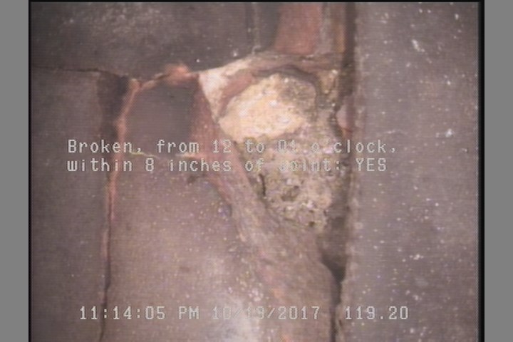 Broken, from 12 to 01 o'clock, within 8 inches of joint: YES