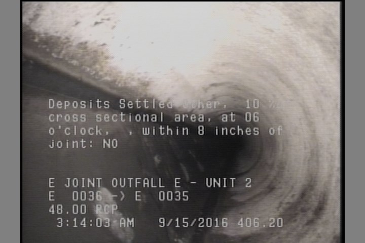 Deposits Settled Other, 10 %of cross sectional area, at 06 o'clock, , within 8 inches of joint: NO