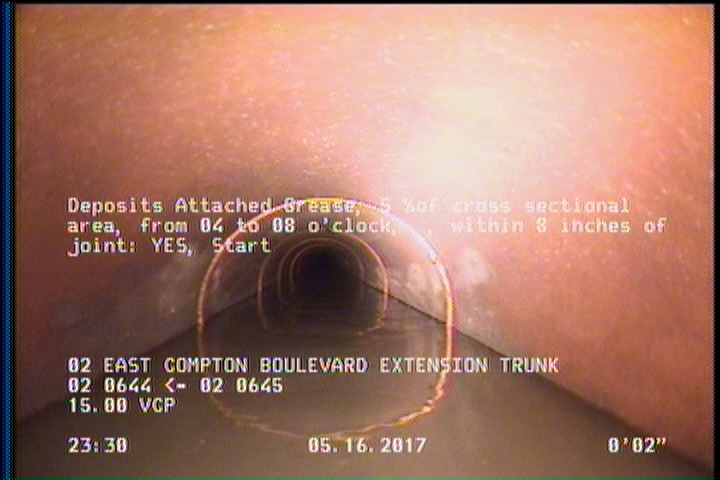 Deposits Attached Grease, 5 %of cross sectional area, from 04 to 08 o'clock, , within 8 inches of joint: YES, Start