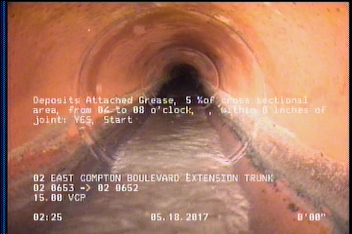Deposits Attached Grease, 5 %of cross sectional area, from 04 to 08 o'clock, , within 8 inches of joint: YES, Start