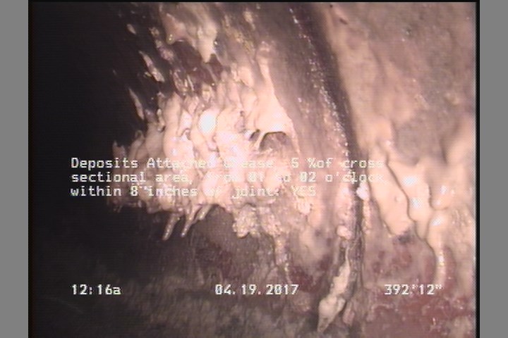 Deposits Attached Grease, 5 %of cross sectional area, from 01 to 02 o'clock, , within 8 inches of joint: YES