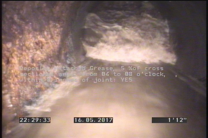Deposits Attached Grease, 5 %of cross sectional area, from 04 to 08 o'clock, , within 8 inches of joint: YES