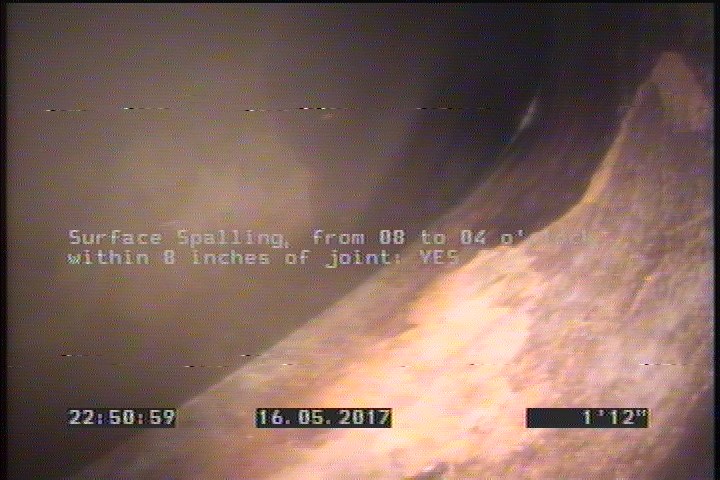 Surface Spalling, from 08 to 04 o'clock, within 8 inches of joint: YES
