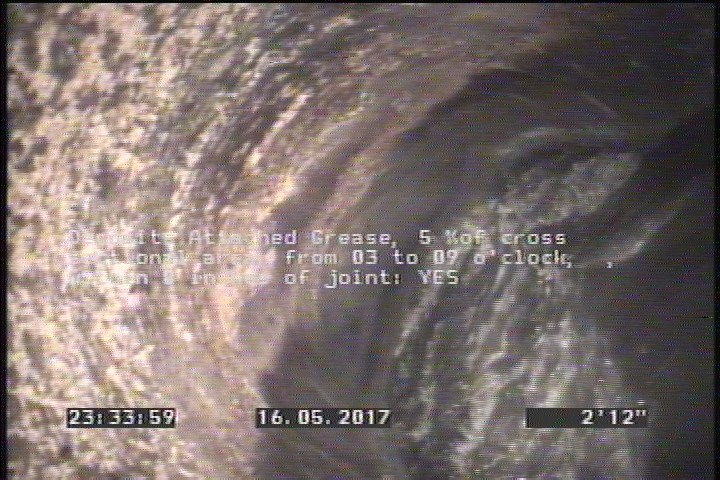 Deposits Attached Grease, 5 %of cross sectional area, from 03 to 09 o'clock, , within 8 inches of joint: YES