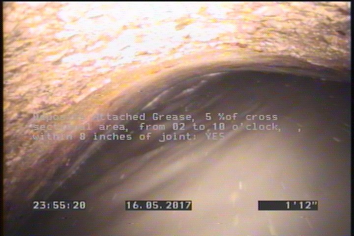Deposits Attached Grease, 5 %of cross sectional area, from 02 to 10 o'clock, , within 8 inches of joint: YES