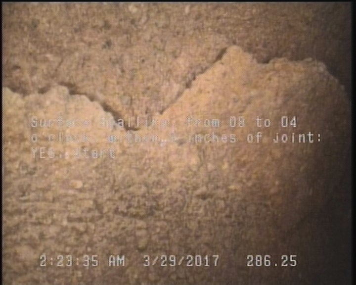 Surface Spalling, from 08 to 04 o'clock, within 8 inches of joint: YES, Start