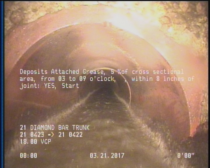 Deposits Attached Grease, 5 %of cross sectional area, from 03 to 09 o'clock, , within 8 inches of joint: YES, Start