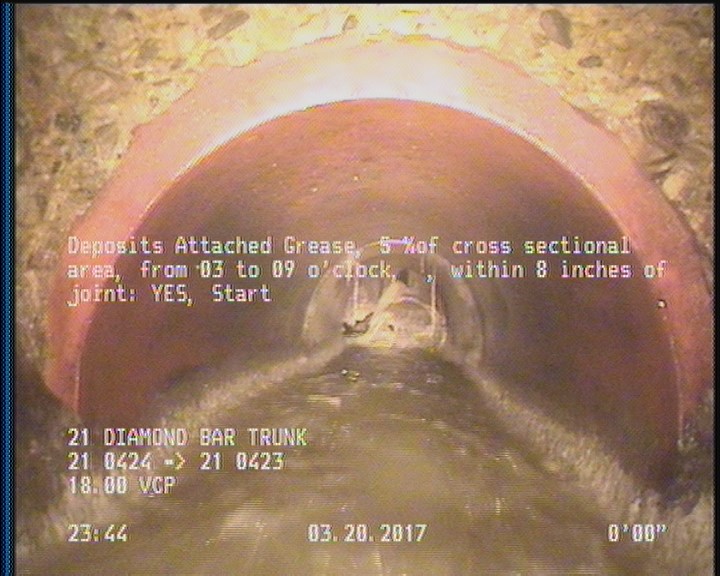 Deposits Attached Grease, 5 %of cross sectional area, from 03 to 09 o'clock, , within 8 inches of joint: YES, Start