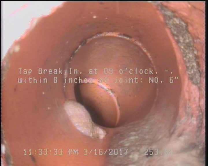 Tap Break-In, at 09 o'clock, -, within 8 inches of joint: NO, 6"