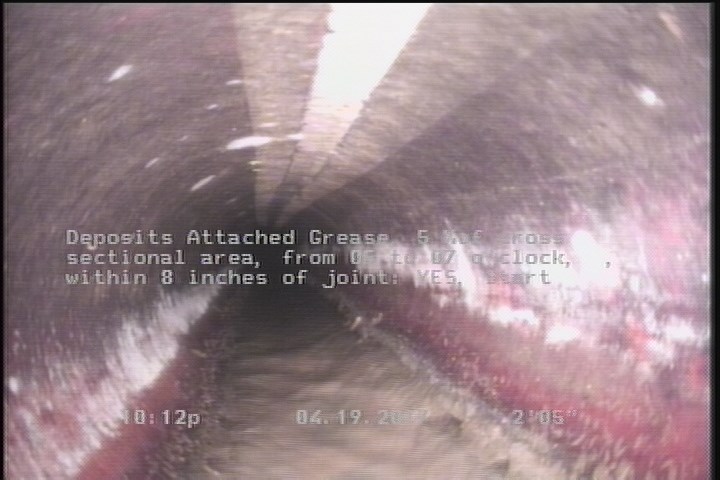 Deposits Attached Grease, 5 %of cross sectional area, from 05 to 07 o'clock, , within 8 inches of joint: YES, Start