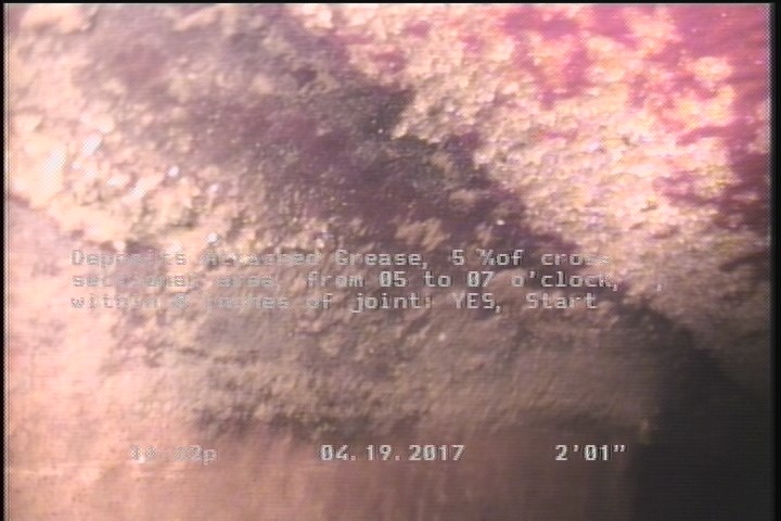 Deposits Attached Grease, 5 %of cross sectional area, from 05 to 07 o'clock, , within 8 inches of joint: YES, Start