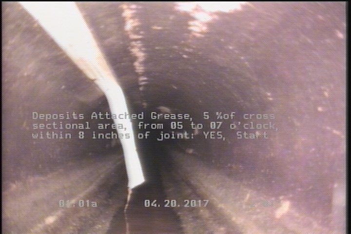 Deposits Attached Grease, 5 %of cross sectional area, from 05 to 07 o'clock, , within 8 inches of joint: YES, Start
