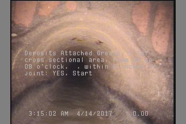 Deposits Attached Grease, 5 %of cross sectional area, from 04 to 08 o'clock, , within 8 inches of joint: YES, Start