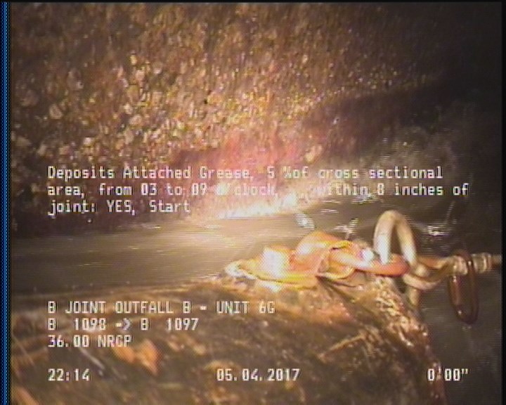 Deposits Attached Grease, 5 %of cross sectional area, from 03 to 09 o'clock, , within 8 inches of joint: YES, Start