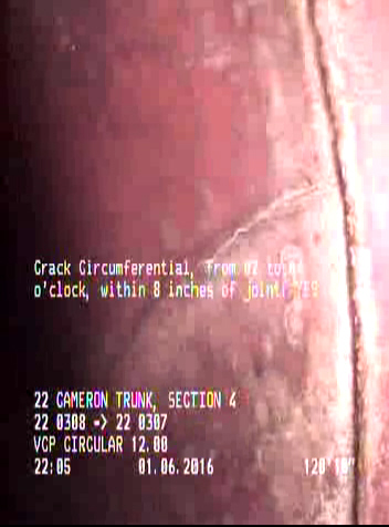Crack Circumferential, from 02 to 04 o'clock, within 8 inches of joint: YES