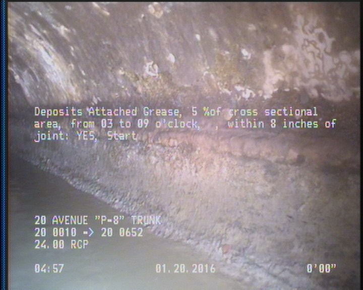 Deposits Attached Grease, 5 %of cross sectional area, from 03 to 09 o'clock, , within 8 inches of joint: YES, Start