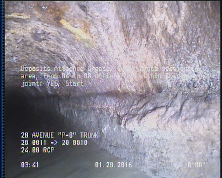 Deposits Attached Grease, 5 %of cross sectional area, from 04 to 08 o'clock, , within 8 inches of joint: YES, Start