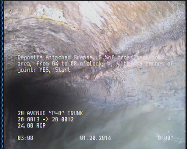 Deposits Attached Grease, 5 %of cross sectional area, from 04 to 08 o'clock, , within 8 inches of joint: YES, Start