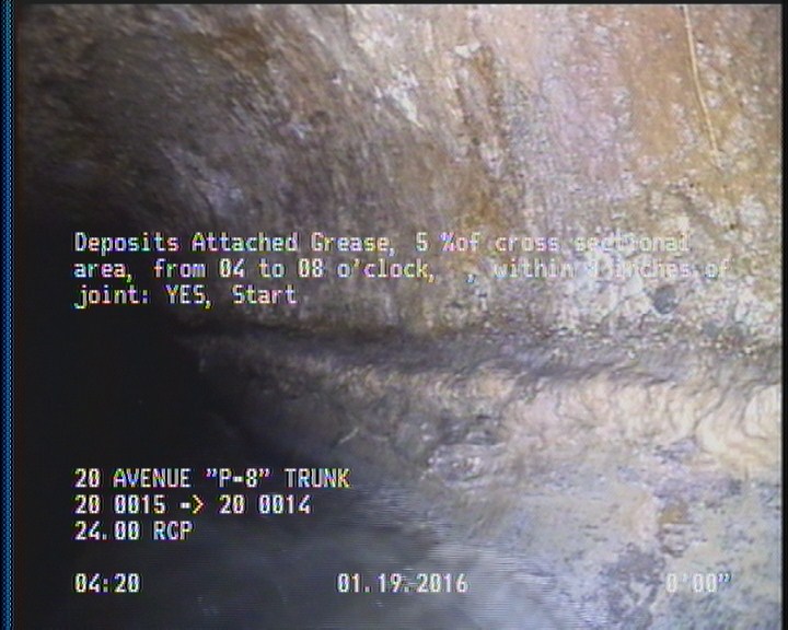 Deposits Attached Grease, 5 %of cross sectional area, from 04 to 08 o'clock, , within 8 inches of joint: YES, Start