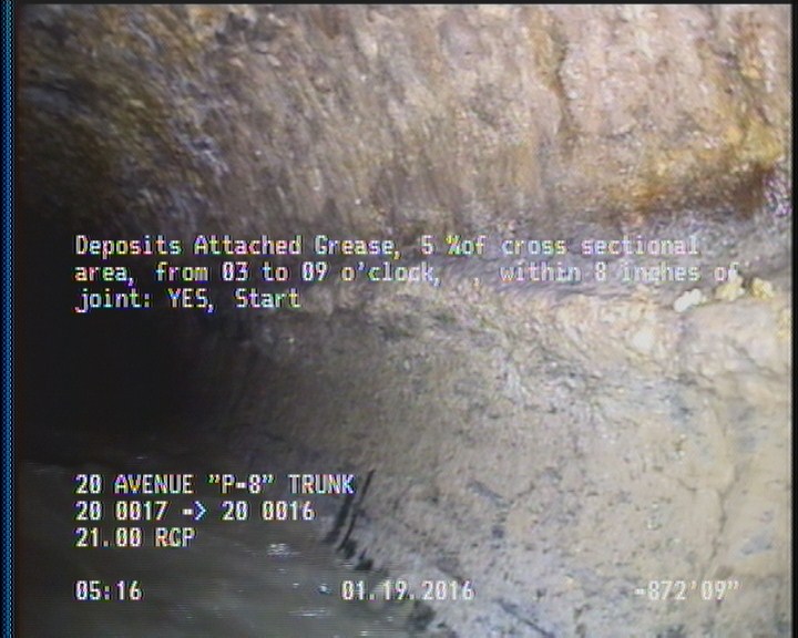 Deposits Attached Grease, 5 %of cross sectional area, from 03 to 09 o'clock, , within 8 inches of joint: YES, Start