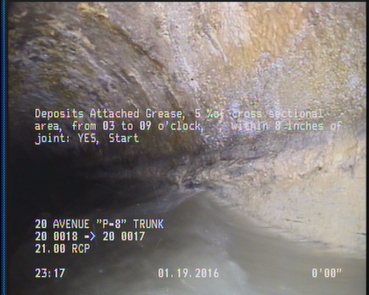 Deposits Attached Grease, 5 %of cross sectional area, from 03 to 09 o'clock, , within 8 inches of joint: YES, Start