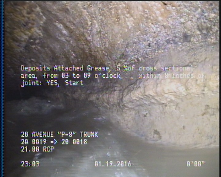 Deposits Attached Grease, 5 %of cross sectional area, from 03 to 09 o'clock, , within 8 inches of joint: YES, Start
