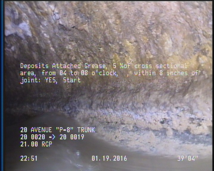 Deposits Attached Grease, 5 %of cross sectional area, from 04 to 08 o'clock, , within 8 inches of joint: YES, Start