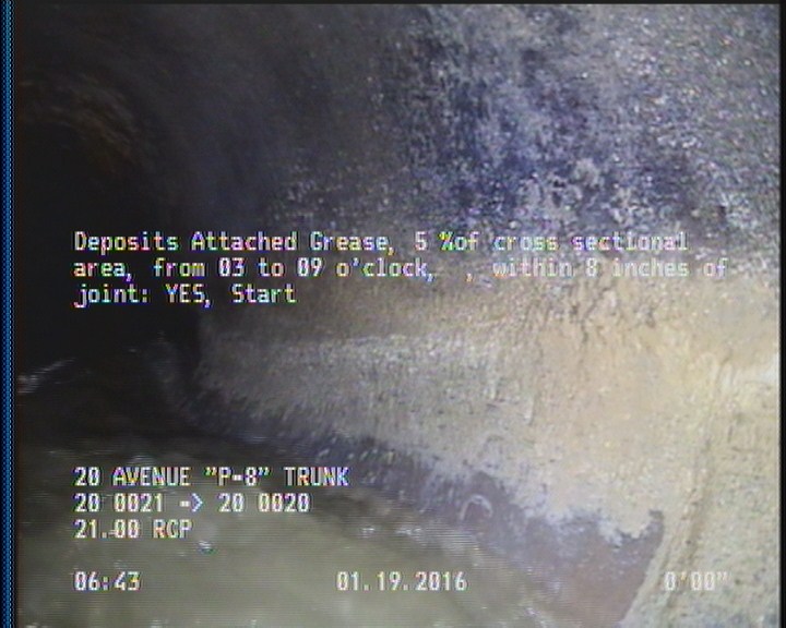 Deposits Attached Grease, 5 %of cross sectional area, from 03 to 09 o'clock, , within 8 inches of joint: YES, Start