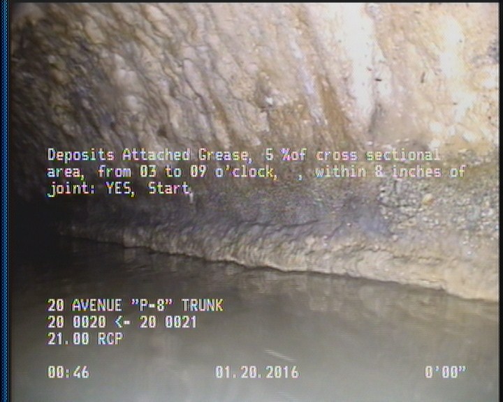 Deposits Attached Grease, 5 %of cross sectional area, from 03 to 09 o'clock, , within 8 inches of joint: YES, Start