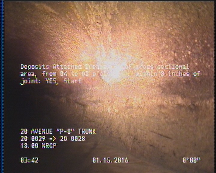 Deposits Attached Grease, 5 %of cross sectional area, from 04 to 08 o'clock, , within 8 inches of joint: YES, Start