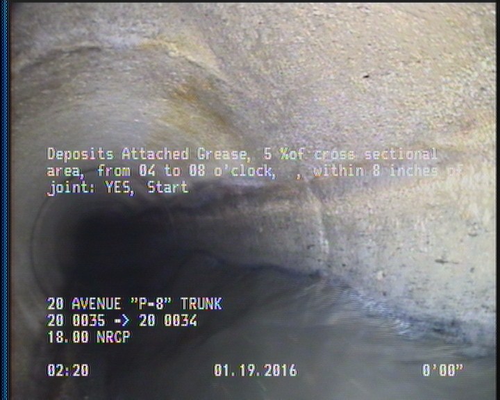 Deposits Attached Grease, 5 %of cross sectional area, from 04 to 08 o'clock, , within 8 inches of joint: YES, Start