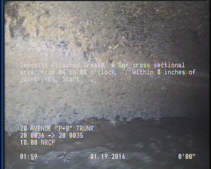 Deposits Attached Grease, 5 %of cross sectional area, from 04 to 08 o'clock, , within 8 inches of joint: YES, Start