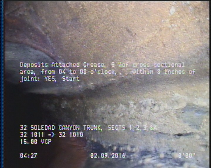 Deposits Attached Grease, 5 %of cross sectional area, from 04 to 08 o'clock, , within 8 inches of joint: YES, Start