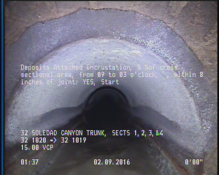 Deposits Attached Encrustation, 5 %of cross sectional area, from 09 to 03 o'clock, , within 8 inches of joint: YES, Start