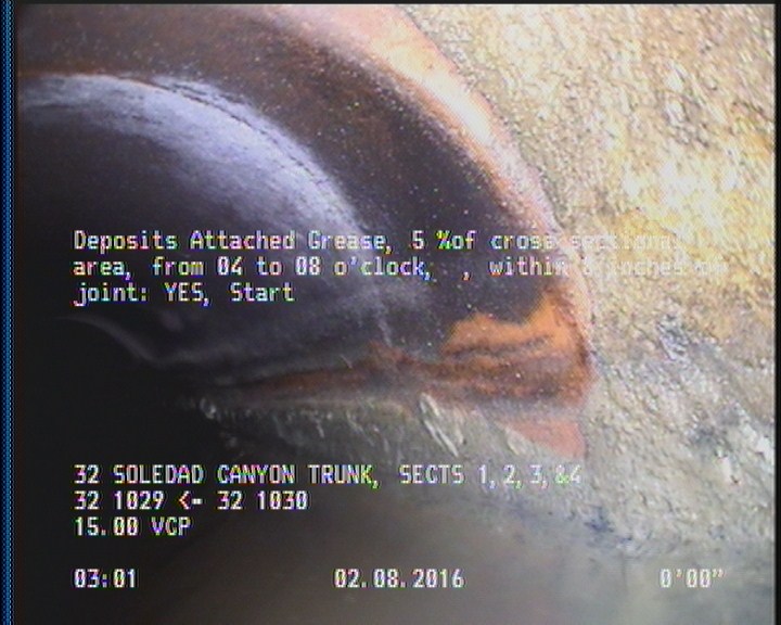 Deposits Attached Grease, 5 %of cross sectional area, from 04 to 08 o'clock, , within 8 inches of joint: YES, Start