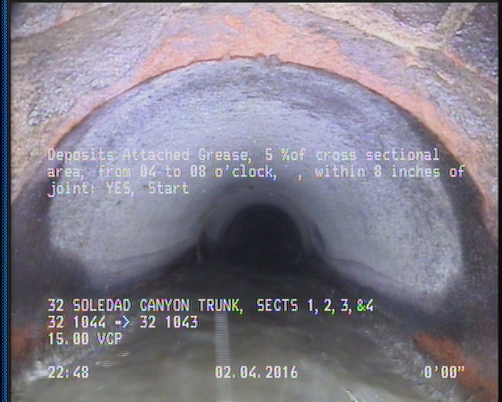 Deposits Attached Grease, 5 %of cross sectional area, from 04 to 08 o'clock, , within 8 inches of joint: YES, Start