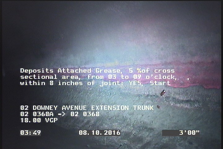 Deposits Attached Grease, 5 %of cross sectional area, from 03 to 09 o'clock, , within 8 inches of joint: YES, Start
