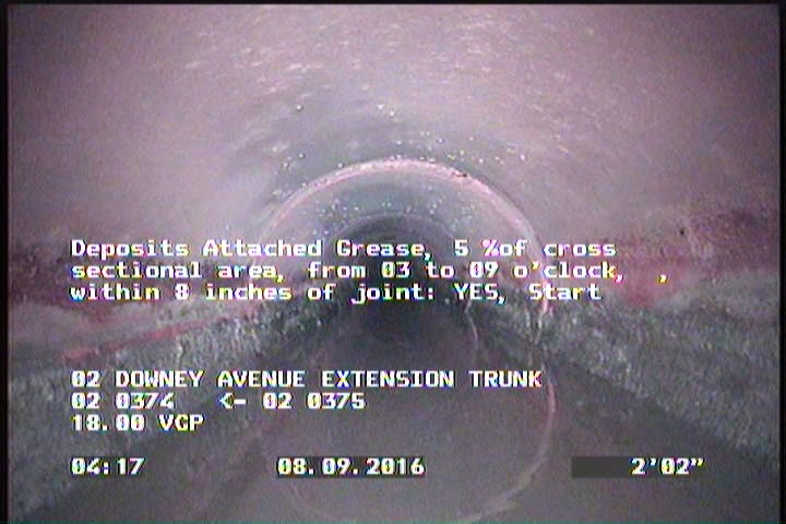 Deposits Attached Grease, 5 %of cross sectional area, from 03 to 09 o'clock, , within 8 inches of joint: YES, Start