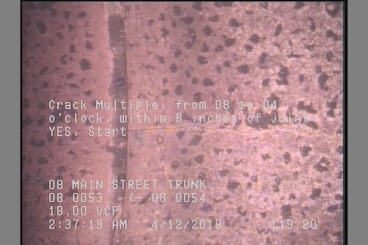 Crack Multiple, from 08 to 04 o'clock, within 8 inches of joint: YES, Start