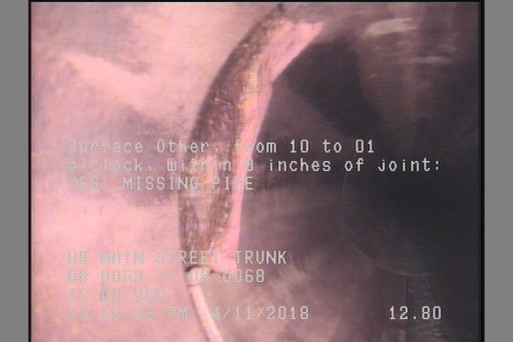 Surface Other, from 10 to 01 o'clock, within 8 inches of joint: YES - MISSING PIPE
