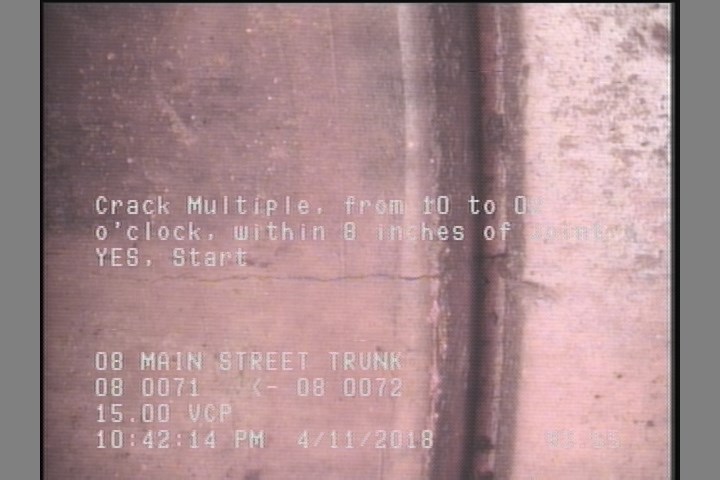 Crack Multiple, from 10 to 02 o'clock, within 8 inches of joint: YES, Start