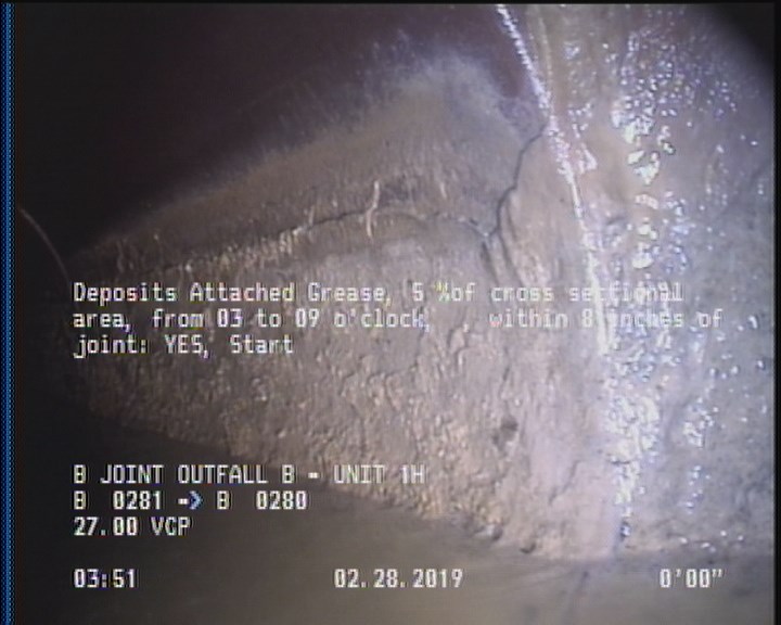 Deposits Attached Grease, 5 %of cross sectional area, from 03 to 09 o'clock, , within 8 inches of joint: YES, Start