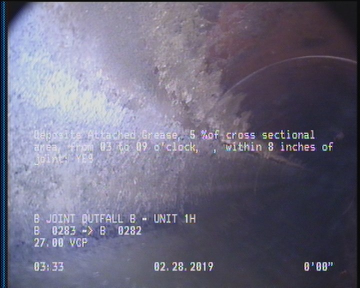 Deposits Attached Grease, 5 %of cross sectional area, from 03 to 09 o'clock, , within 8 inches of joint: YES, Start