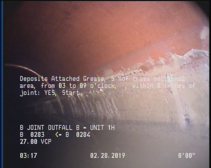 Deposits Attached Grease, 5 %of cross sectional area, from 03 to 09 o'clock, , within 8 inches of joint: YES, Start