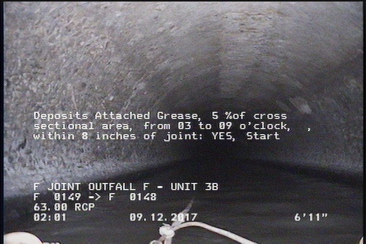 Deposits Attached Grease, 5 %of cross sectional area, from 03 to 09 o'clock, , within 8 inches of joint: YES, Start