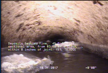 Deposits Settled Fine, 45 %of cross sectional area, from 03 to 09 o'clock, , within 8 inches of joint: YES - SLUDGE
