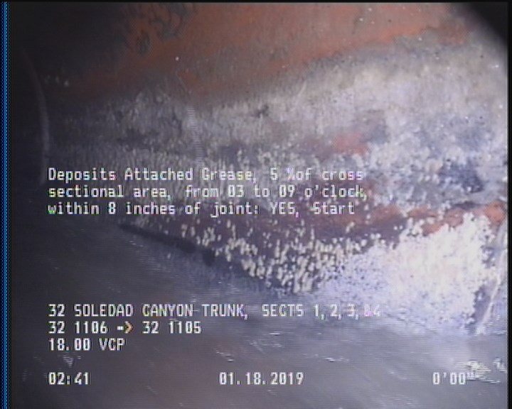 Deposits Attached Grease, 5 %of cross sectional area, from 03 to 09 o'clock, , within 8 inches of joint: YES, Start