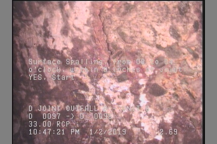 Surface Spalling, from 08 to 04 o'clock, within 8 inches of joint: YES, Start