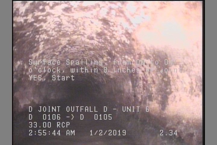 Surface Spalling, from 08 to 04 o'clock, within 8 inches of joint: YES, Start