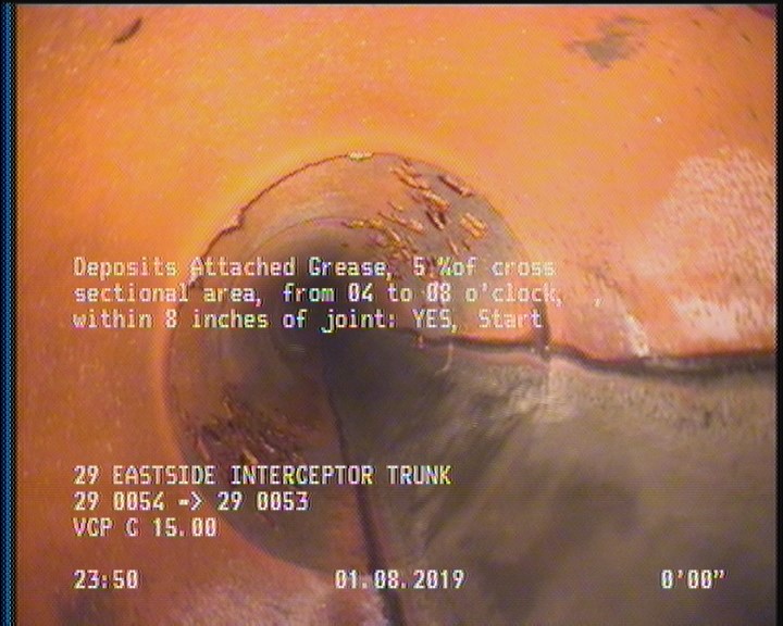 Deposits Attached Grease, 5 %of cross sectional area, from 04 to 08 o'clock, , within 8 inches of joint: YES, Start